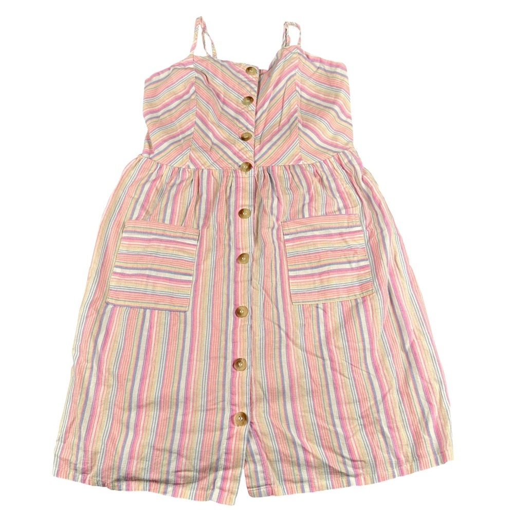 Japna Girls Pastel Striped Cotton Linen Button Front Sundress Pockets Size 10
